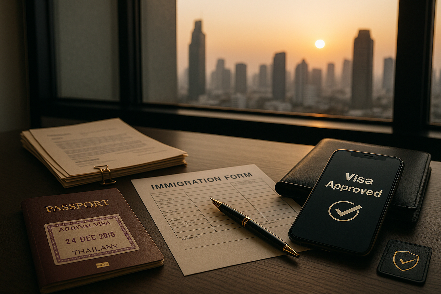 About. Dark wood desk with Thai passport, visa stamp ‘APPROVED,’ bank form and gold pen; Bangkok skyline at sunset — About UnblockPro.asia